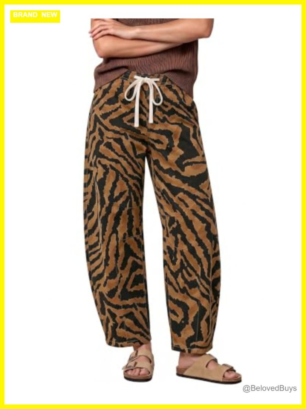 High Waisted Pull On Barrel Jeans Zebra Print Baggy Stretch Denim Pants